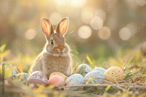 A rabbit sitting in grass with eggs photo