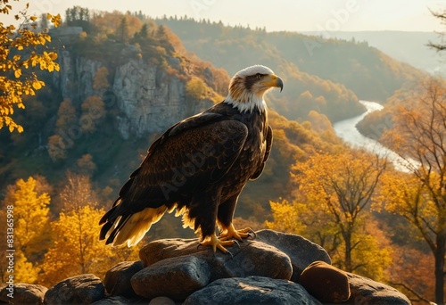 American bald eagle sitting on a rock among the greenery in the mountains © POLEX