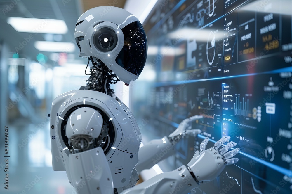 Fototapeta premium Robotic hand touching digital display