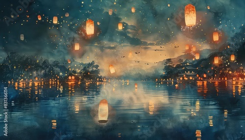 A serene lakeside festival with floating lanterns reflecting on the water, creating a magical atmosphere, soft light, watercolor technique, photo