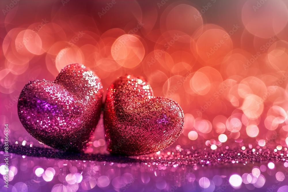 Fototapeta premium Two hearts sitting shiny surface pink background