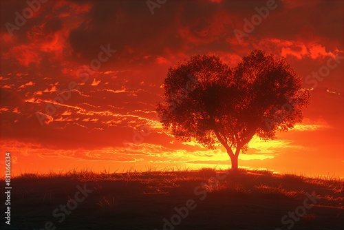 Lone tree stands on hill under red sky