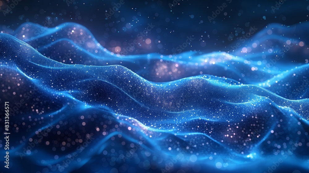 Abstract digital wave with glittering particles in a blue, glowing background, representing data, technology, and futuristic concepts.