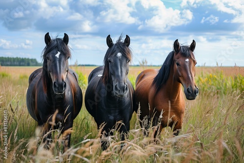 Three horses in field cloudy sky