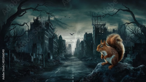 The urban landscape consists of dilapidated buildings and dead trees with twisted branches forming eerie silhouettes against the sky. A lonely squirrel is sitting on the ruins. photo