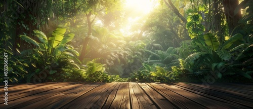 Long shot, wooden floor amidst lush jungle, verdant plants and towering trees surrounding, golden sunlight filtering through dense leafy canopy, photorealistic detail photo