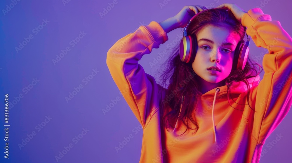 Stylish fashion teenager model wearing hoodie and headphones listening dj music dancing in purple neon lights. Young teen girl enjoy cool music 90s party mix in violet studio background Stylish fashion teenager model wearing hoodie and headphones listening dj music dancing in purple neon lights. Young teen girl enjoy cool music 90s party mix in violet studio background
