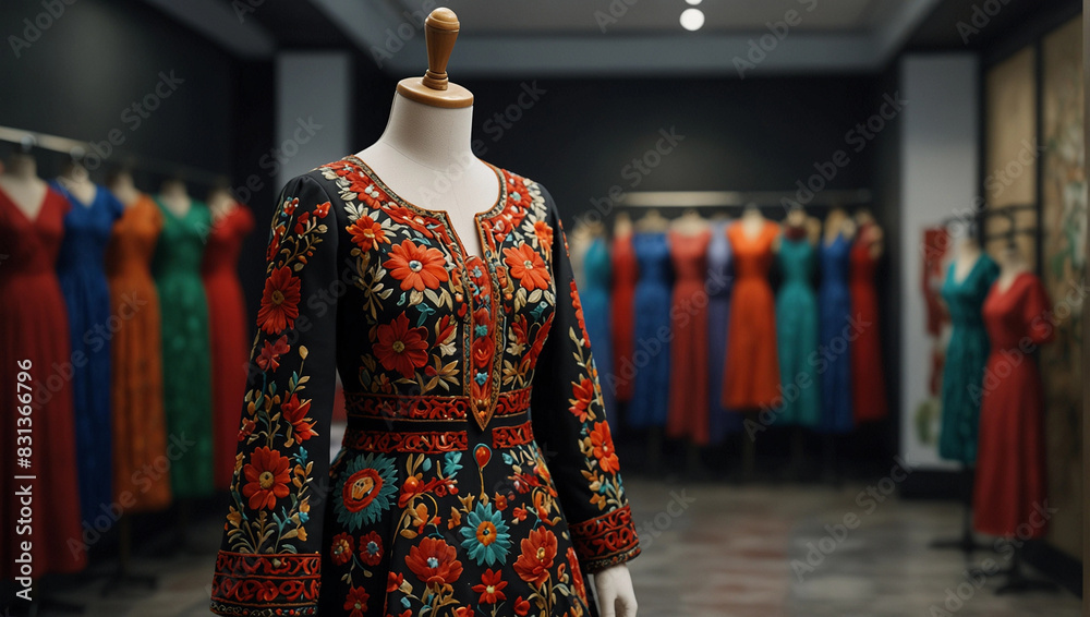 Obraz premium Generative AI women clothing ethnic folk embroidery dress on hanger high fashion store boutique