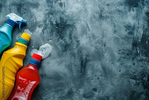 Three bottles of cleaning products on gray surface photo