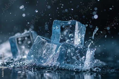 Ice cubes in water splashed photo