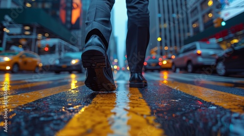 Close-up of a person walking on a wet city street at dusk, with blurred buildings and traffic in the background.