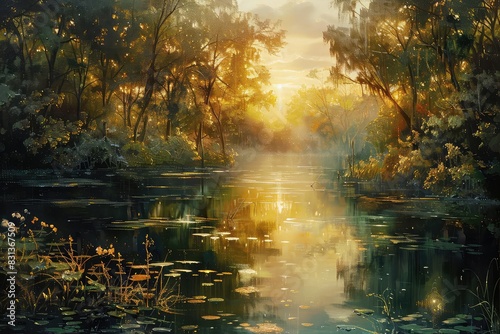 A serene oasis at sunset, with golden light illuminating the water and surrounding vegetation, warm tones, oil painting technique,