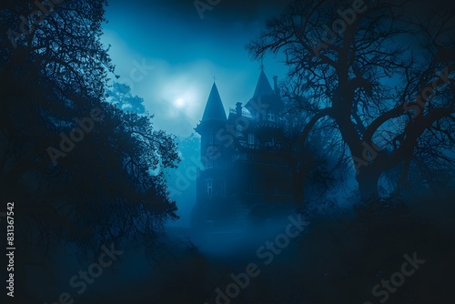 Scary Haunted House in Moonlit Fog with Eerie Trees photo