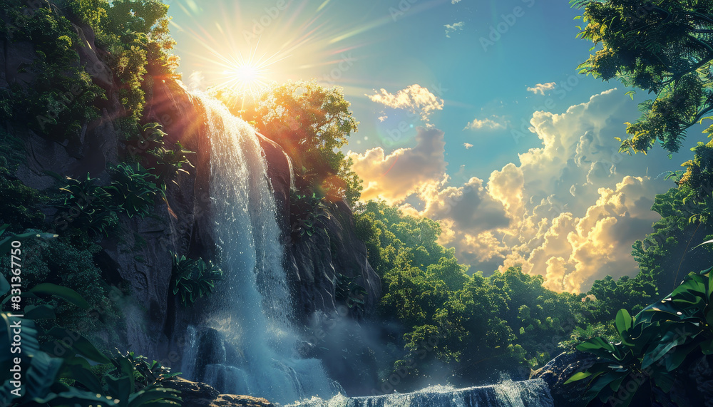 A beautiful waterfall is surrounded by trees by AI generated image A beautiful waterfall is surrounded by trees by AI generated image