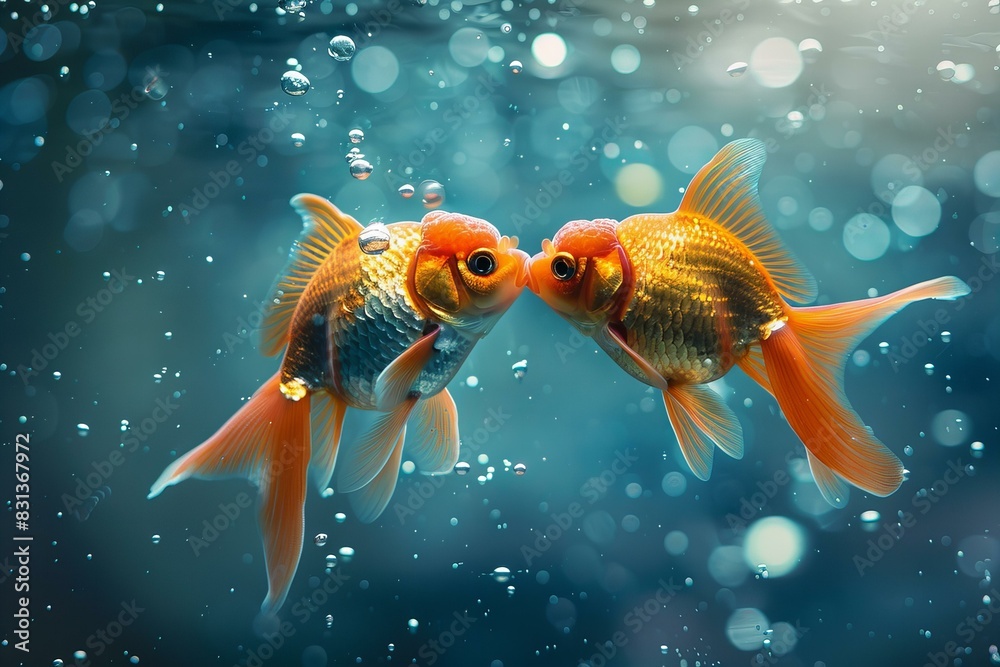 Two goldfish kiss underwater Two goldfish kiss underwater