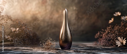 Low-angle view of a sleek luxury cosmetic bottle © Purichaya