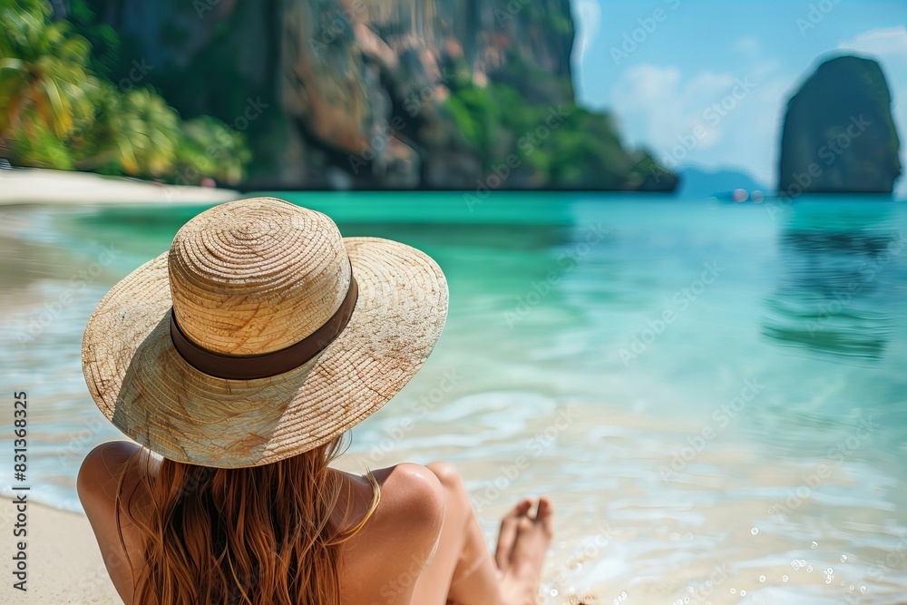 Woman wearing hat sitting on beach