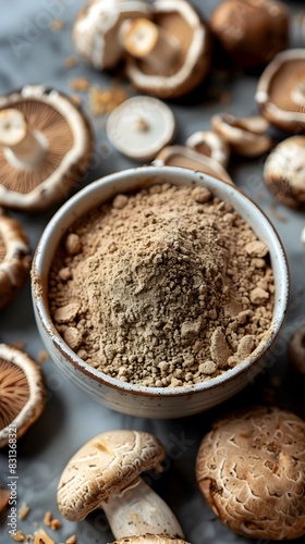 Earthly Mushroom Extract Powder in Rustic Studio Still Life with Dried Fungi Specimens