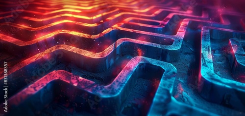 Low-angle view of an abstract maze, crisscrossing pathways glowing vividly in neon colors, intricate and mesmerizing, rendered in photorealistic detail, digital art photo
