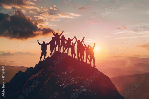 Silhouettes of people helping each other reach mountain top