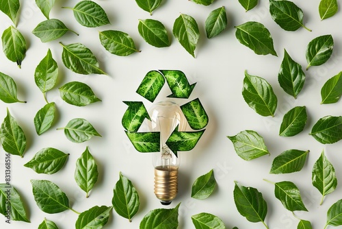Light bulb with recycle symbol surrounded by green leaves
