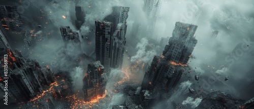 Panoramic shot of a crumbling futuristic city photo