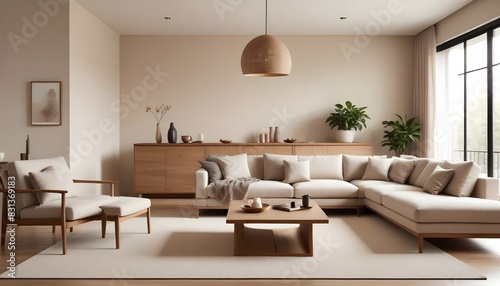 Modern interior style design living room. Lighting and sunny Scandinavian apartment with plaster and wood. 3D Rendering