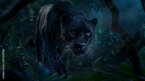 A sleek black panther prowling through a dense forest at night  its eyes glowing against the dark  shadowy background  capturing the essence of stealth and power. 32k  full ultra hd  high resolution