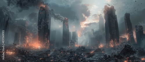 Panoramic shot of a crumbling futuristic city