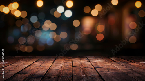 Empty Wooden Table with Festive Bokeh Lights Background for Holiday Celebrations, Festive Events, and Seasonal Displays, Christmas and New Year with copy space