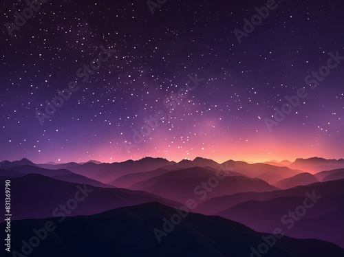 Starry Sky with Purple and Orange Gradients and Mountain Silhouettes