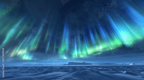 A stunning aurora borealis display over a snowy tundra, with vibrant blue and green lights dancing across the dark night sky. 32k, full ultra hd, high resolution