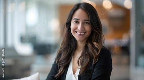 A professional headshot of a marketing executive in a corporate office confident and approachable expression blurred office background clean and professional mood portrait photography captured with a photo