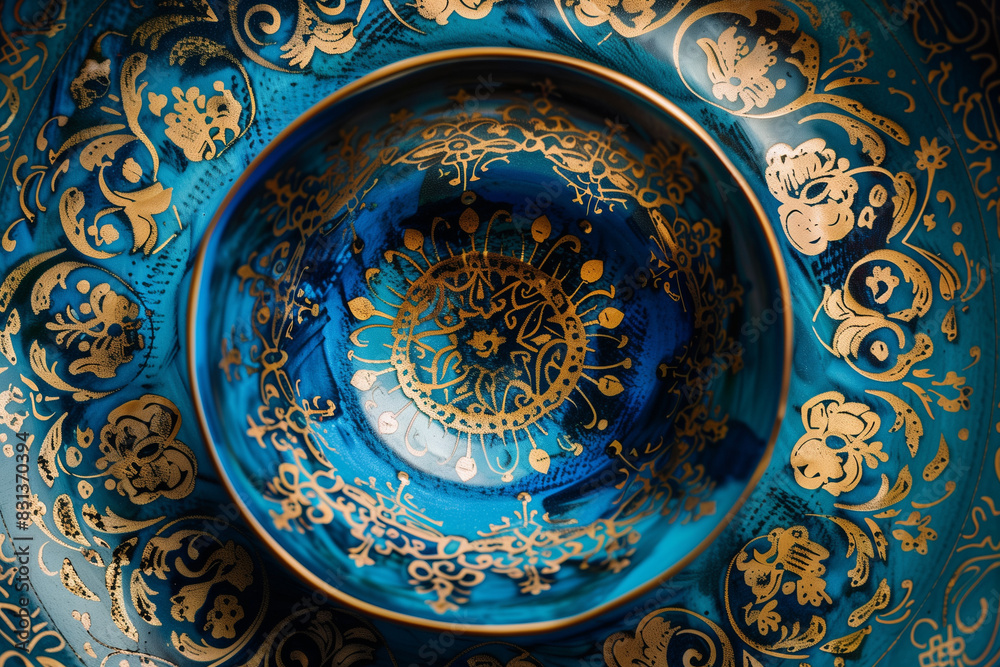Beautiful blue ceramic bowl with golden patterns and decoration in the style of an ancient Arabic palace