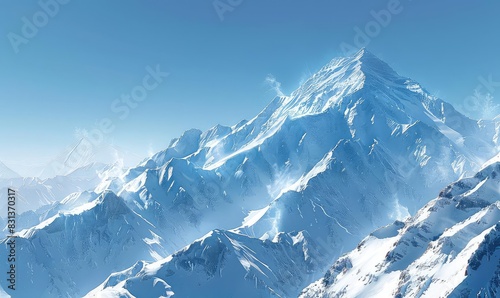 A snowcovered mountain range under a clear blue sky, with sunlight reflecting off the peaks, high contrast, photorealistic style, photo