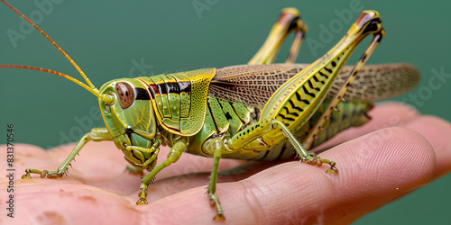 A yellow and greeen blackish grasshopper on the hand of the man  photo