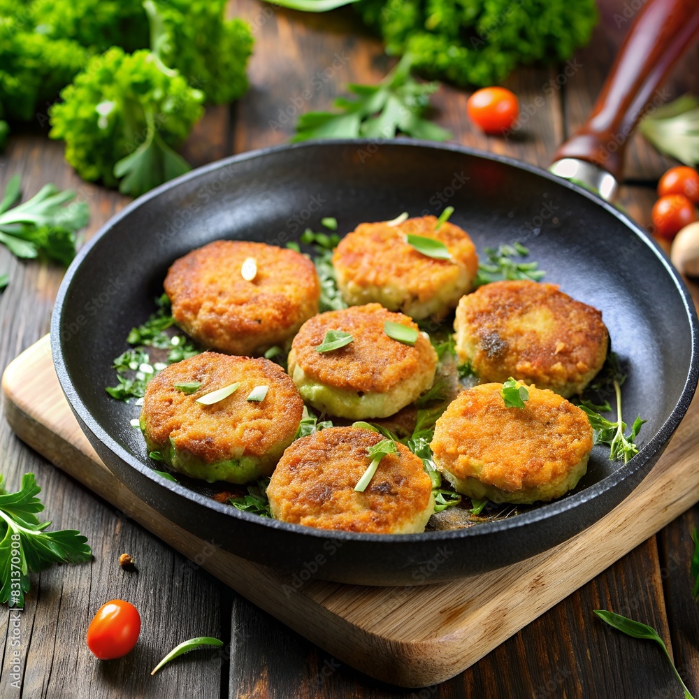 Homemade pan-fried fish cakes with herbs in a skillet, garnished with fresh greens Homemade pan-fried fish cakes with herbs in a skillet, garnished with fresh greens