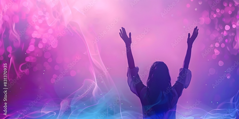 A striking photograph capturing the essence of worship, with a woman's hands raised against a dynamic purple and pink background. A striking photograph capturing the essence of worship, with a woman's hands raised against a dynamic purple and pink background.
