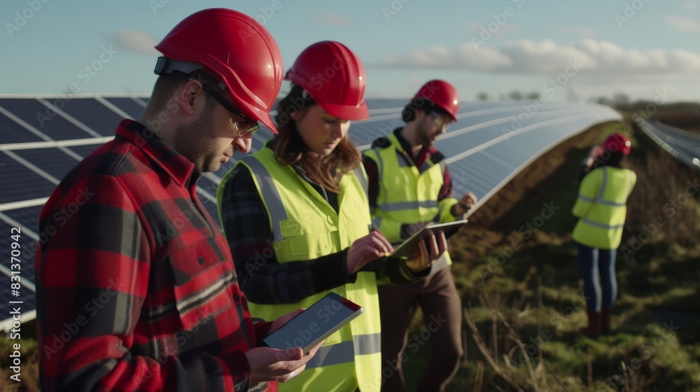 Group of engineers in safety helmets and vests using tablets at a large solar power plant Group of engineers in safety helmets and vests using tablets at a large solar power plant