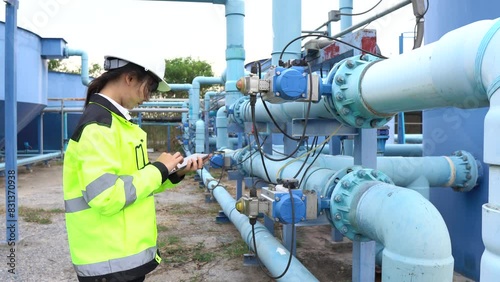 A female engineer working at a water treatment plant, inspecting and maintaining the water supply system, checking chlorine levels, ensuring water quality, and overseeing the dynamo motors and control
