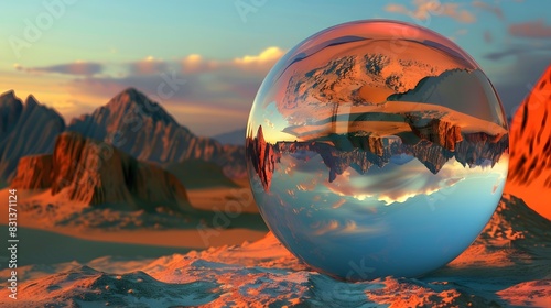 Surreal Glass Sphere with Red Mountains and Desert at Twilight