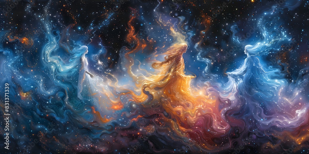 Celestial beings dancing amidst a galaxy of swirling stardust and radiant cosmic clouds weave intricate pattern in space Cosmic Harmony and Mysticism Concept Celestial beings dancing amidst a galaxy of swirling stardust and radiant cosmic clouds weave intricate pattern in space Cosmic Harmony and Mysticism Concept