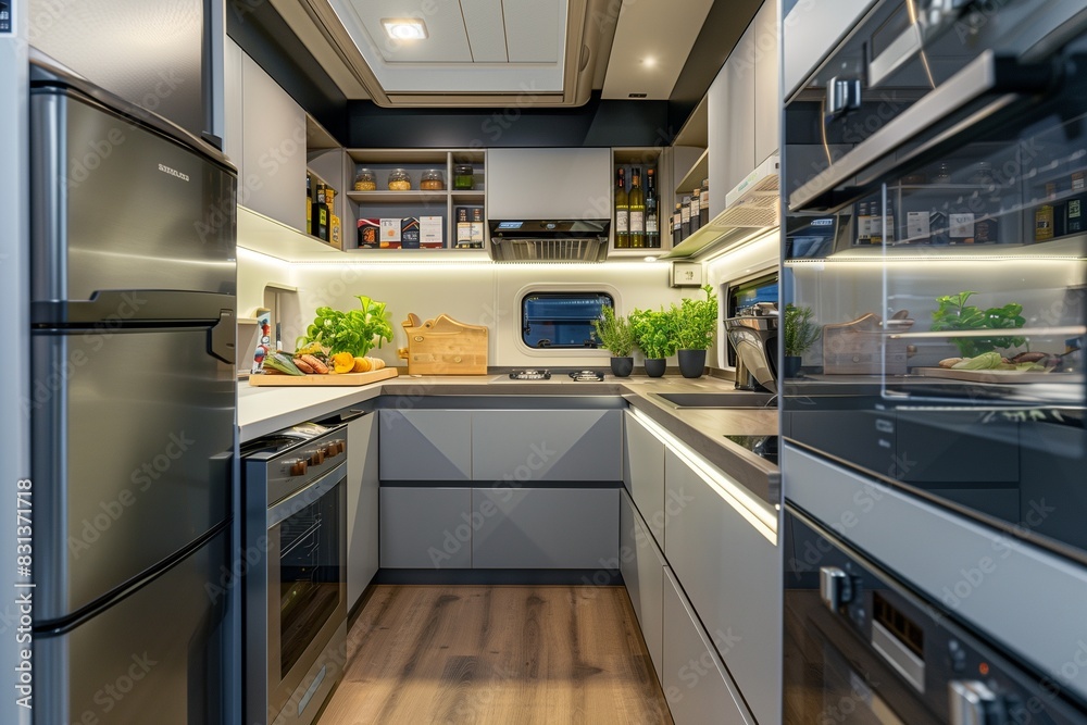 Compact kitchen with efficient storage solutions and sleek finishes. Compact kitchen with efficient storage solutions and sleek finishes.