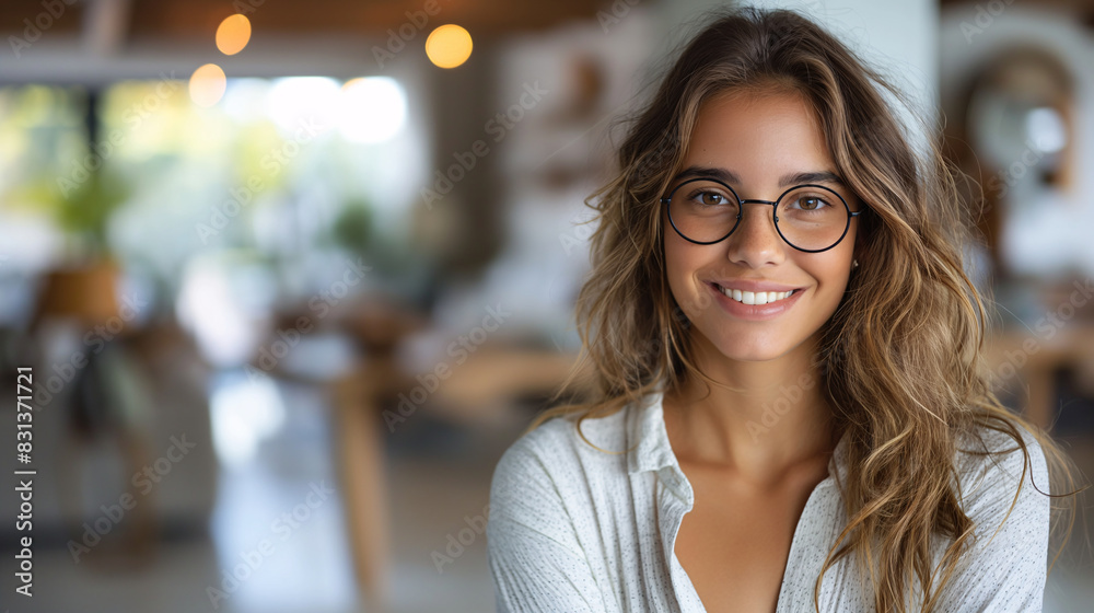 Smiling young woman with glasses and wavy hair in a white blouse, in a modern office background Smiling young woman with glasses and wavy hair in a white blouse, in a modern office background