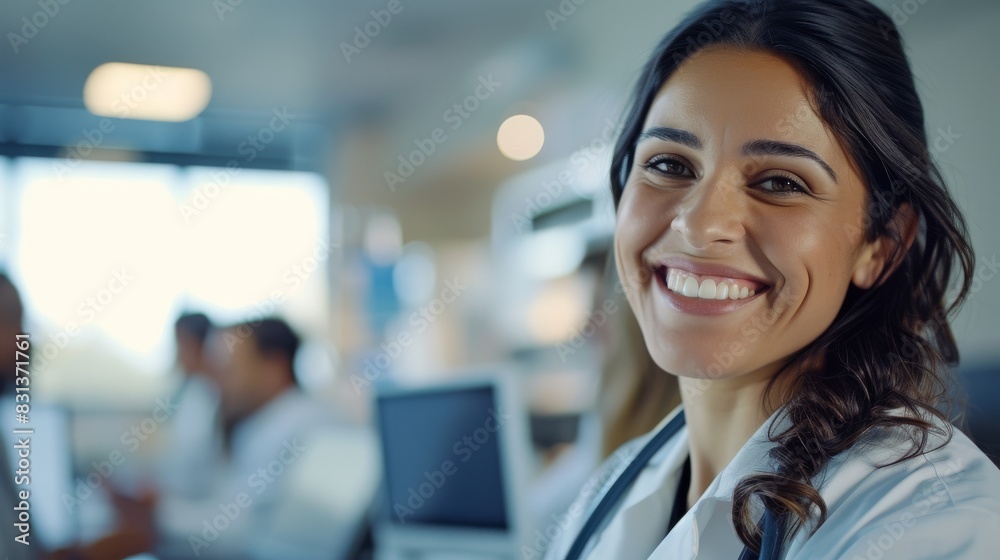 Obraz premium Female medical doctor smiling while discussing a case with her colleagues in a hospital conference room