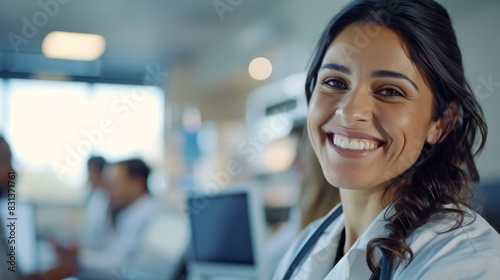 Female medical doctor smiling while discussing a case with her colleagues in a hospital conference room Free Download Female medical doctor smiling while discussing a case with her colleagues in a hospital conference room - GFXLoad
