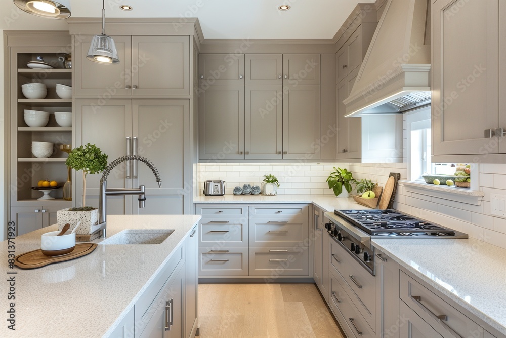 Compact kitchen with light grey cabinets and quartz countertops. Compact kitchen with light grey cabinets and quartz countertops.
