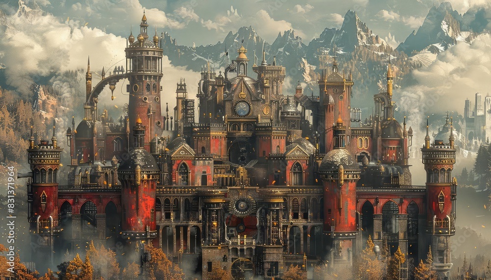 A steampunk medieval castle with mechanical turrets and clockwork gears, industrial and fantastical, warm tones, detailed illustration,