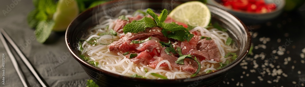 A steaming bowl of pho with thin rice noodles, sliced beef, bean sprouts, fresh herbs, and a lime wedge on the side.