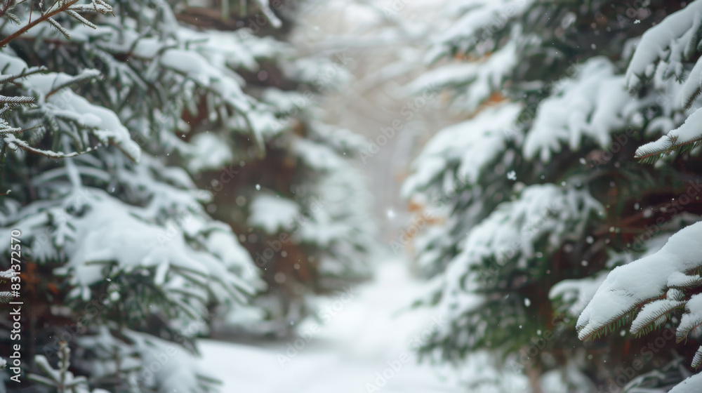 beautiful New Year's white winter background with snow-covered pine trees in the forest close-up with falling snowflakes and a path between them, bokeh and space for text, Blurred forest path beautiful New Year's white winter background with snow-covered pine trees in the forest close-up with falling snowflakes and a path between them, bokeh and space for text, Blurred forest path